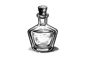 Bottle with wooden stopper hand drawn ink sketch. Engraved style illustration. vector
