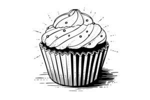 Cream cupcake hand drawn ink sketch. Engraved style retro illustration. vector