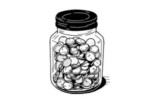 Full jar of coin hand drawn ink sketch. Engraved illistration. vector