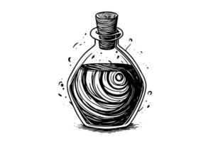 Magic bottle with potion hand drawn ink sketch. Engraved style illustration. vector