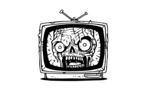 Zombie TV box hand drawn ink sketch. Engraving style illustration. vector