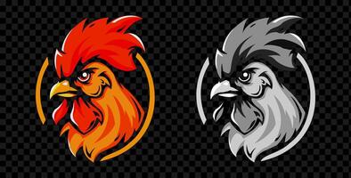 Hot spicy chicken logo design. Rooster mascot. Emblem with chicken head in flames. vector