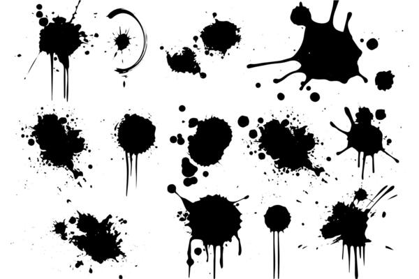 Ink Splatter Set of Grunge Stains and Spots in Black and White.