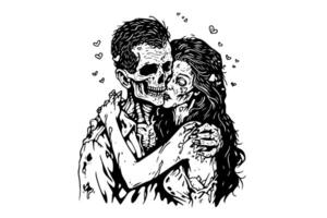 Zombie love match pair hand drawn ink sketch. Woman and man zombies. Engraved style illustration. vector