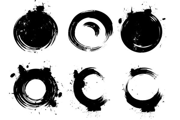 Ink Circle Grunge Brushstroke Stain Design Set. Black paint.