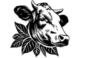 Clásico vaca cabeza con flores logo dibujado a mano ilustración de lechería majestad. vector