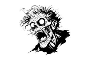 Zombie head hand drawn ink sketch. illustration in engraving style. vector