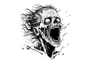 Zombie head hand drawn ink sketch. illustration in engraving style. vector