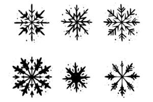 Grunge lino cut snowflakes stamps collection pack. Distressed textures set. Blank geometric shapes. Illustration. vector