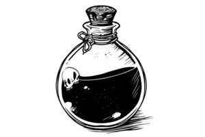 Magic bottle with potion hand drawn ink sketch. Engraved style illustration. vector