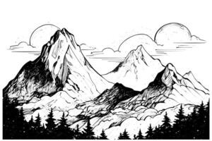 Hand drawn ink sketch of mountain with pine trees landscape. Engraved style logotype illustration. vector