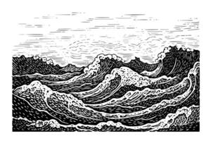 Vintage Sea Wave Sketch Engraved Illustration of Nature Landscape. vector