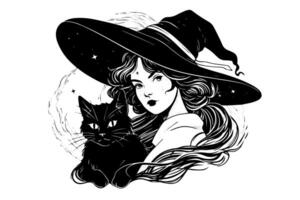 bruja Víspera de Todos los Santos mujer con negro gato mano dibujado tinta bosquejo. grabado estilo ilustración. vector
