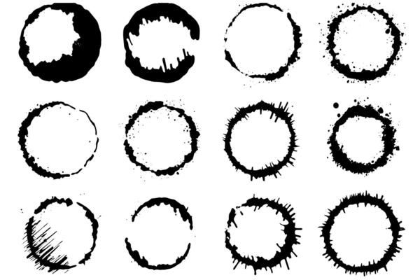 Black shapes of wine circle and coffee ring stains. Dirty splashes and spots Hand drawn tea or ink ring stains on white background.
