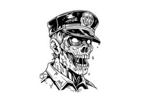 Zombie Policeman head hand drawn ink sketch. illustration in engraving style. vector