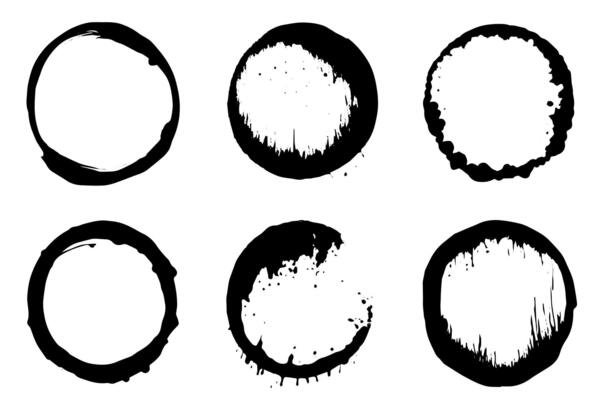 Black shapes of wine circle and coffee ring stains. Dirty splashes and spots Hand drawn tea or ink ring stains on white background.