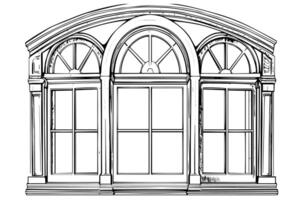 Clásico ventana marco bosquejo dibujado a mano ilustración en negro y blanco. vector