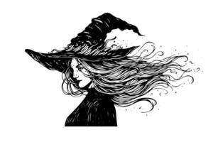 Witch halloween woman hand drawn ink sketch. Engraving style illustration vector