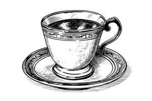 Vintage cup on a plate hand drawn ink sketch. Engraved style illustration. vector