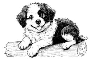 Cute puppy hand drawn ink sketch. Dog in engraving style illustration. vector