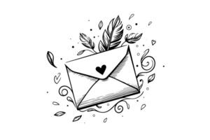 Envelope with heart and flower hand drawn ink sketch. Engraving vintage style illustration. vector