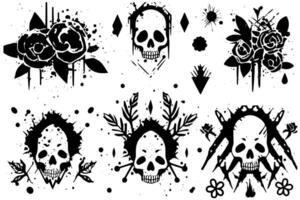 Set of hand drawn sketch grunge ink graphiti doodle scull. Tattoo collection. Illustration pack. vector