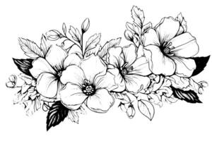 Vintage Floral Hand-Drawn Line Art with Hibiscus and Rose Elements. vector