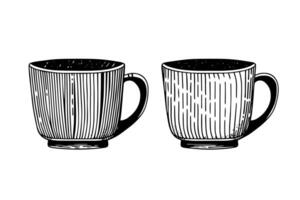 Set of vintage cups or mugs hand drawn ink sketch. Engraved style illustration. vector