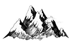 Hand drawn ink sketch of mountain landscape. Engraved style logotype illustration. vector