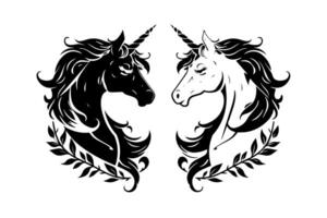 negro y blanco unicornio Pareja cabeza moderno logo diseño con mítico silueta. vector