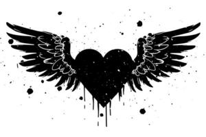Love's Flight Grungy Angel Wings and Heart Illustration. Tattoo Design. vector