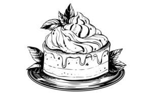 Vintage Hand-Drawn Cake Illustration Birthday Cake with Candles, Engraved Sketch Drawing in Retro Style vector