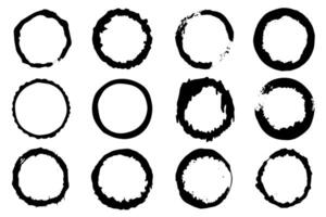 Black shapes of wine circle and coffee ring stains. Dirty splashes and spots Hand drawn tea or ink ring stains on white background. vector