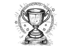 Winner trophy cup hand drawn ink sketch. Engraved style vintage illustration. vector