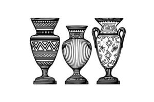 Set of ancient vase hand drawn ink sketch. Engraved style illustration. vector