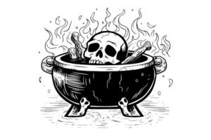 Boiling witch's cauldron hand drawn ink sketch. Engraving style illustration. vector