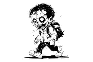 Zombie with a backpack hand drawn ink sketch. illustration in engraving style. vector