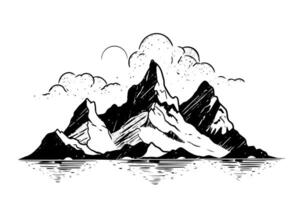 Hand drawn ink sketch of mountain landscape. Engraved style logotype illustration. vector