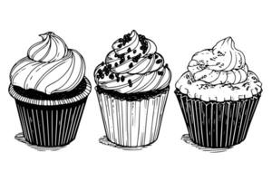 Set of cupcake hand drawn ink sketch. Engraved style retro illustration. vector