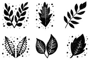 Set of lino cut stamp black leaves and branch imprints on white background. Hand drawn floral elements. vector