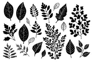 Set of lino cut stamp black leaves and branch imprints on white background. Hand drawn floral elements. vector