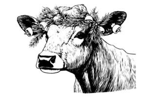 Cow with a wreath hand drawn ink sketch. Engraved style illustration. vector