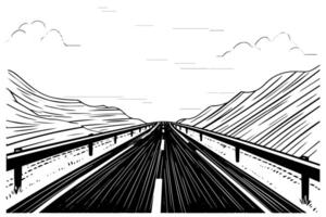 Simple road hand drawn ink sketch highway landscape. Engraved style illustration. vector