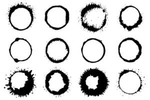 Black shapes of wine circle and coffee ring stains. Dirty splashes and spots Hand drawn tea or ink ring stains on white background. vector