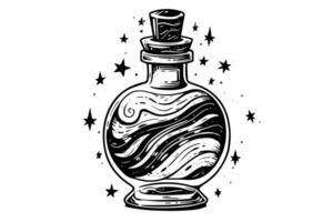 Magic bottle with potion hand drawn ink sketch. Engraved style illustration. vector