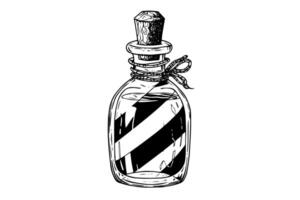 Magic bottle with potion hand drawn ink sketch. Engraved style illustration. vector