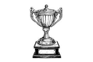 Winner trophy cup hand drawn ink sketch. Engraved style vintage illustration. vector