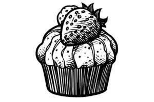 Cupcake with strawberry hand drawn ink sketch. Engraved style retro illustration. vector