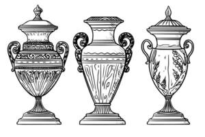 Set of ancient vase hand drawn ink sketch. Engraved style illustration. vector