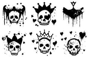 Set of hand drawn sketch grunge ink graphiti doodle scull and crown. Tattoo collection. vector